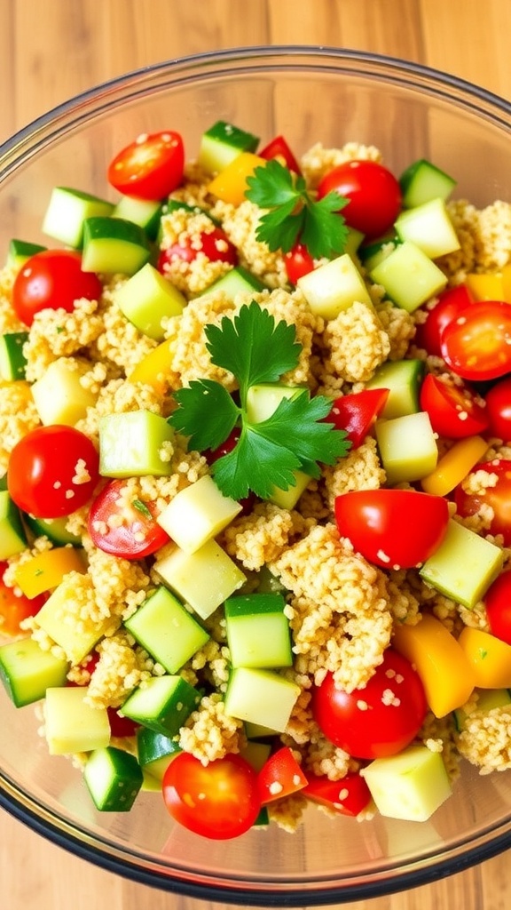 A colorful quinoa puff salad with vegetables and lemon dressing in a clear bowl on a wooden table.